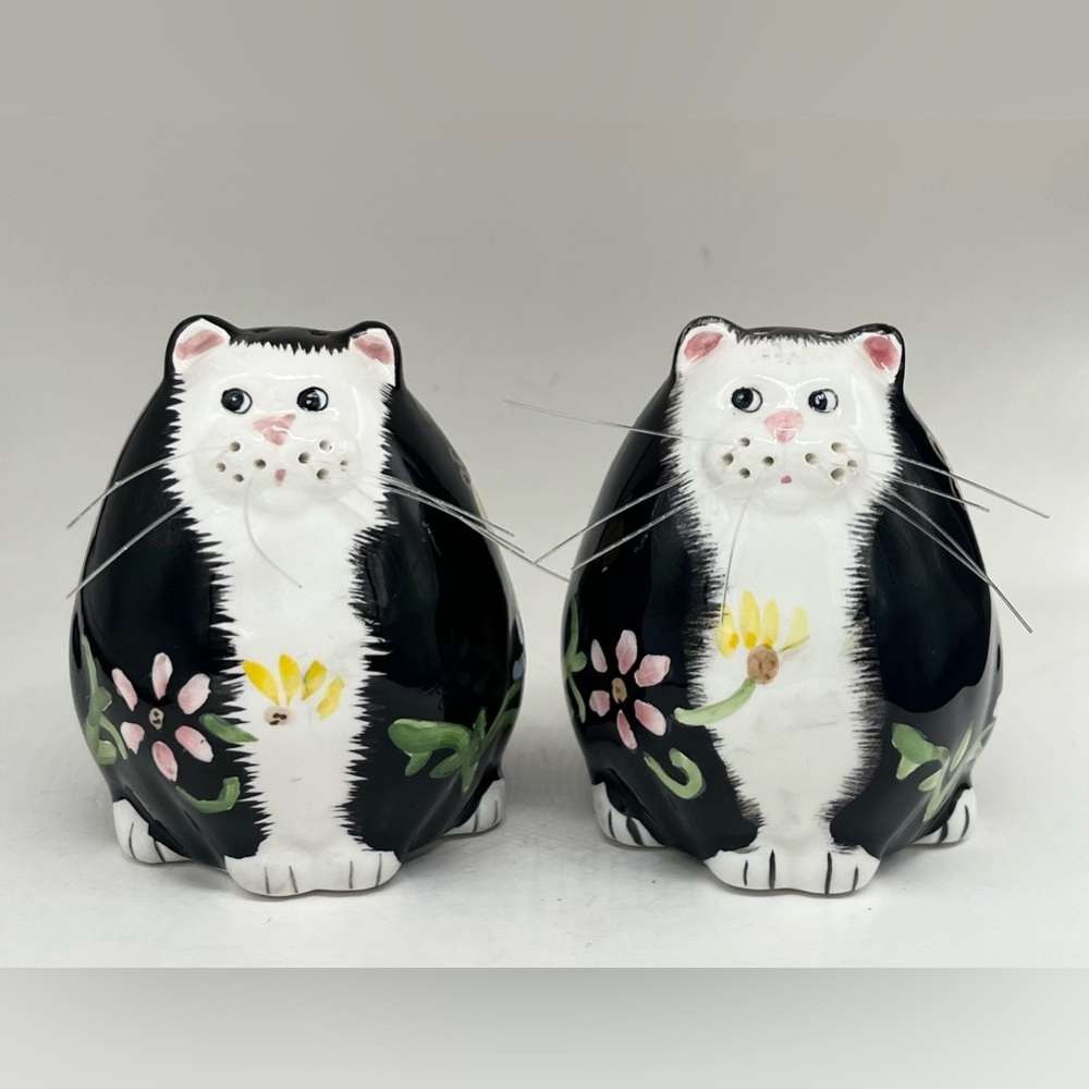 Vintage Floral Fat Cat Salt and Pepper Shakers With Whiskers 3”T